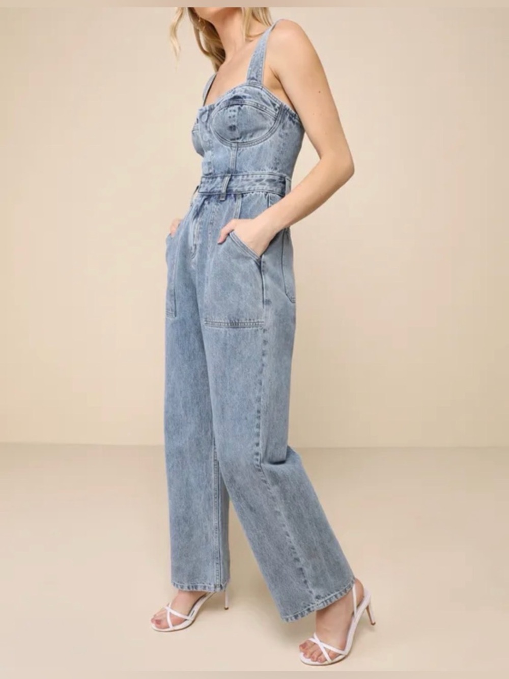 Lulu's Fresh Perfection Light Wash Bustier Sleeveless Denim Jumpsuit NWOT